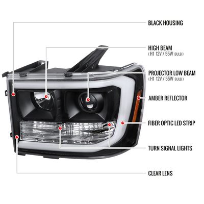 2007-2013 GMC Sierra 1500 1500HD 2500HD 3500HD LED C-Bar Headlights Black