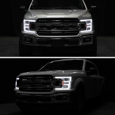 For Ford F-150 2018-2020 LED C Bar Projector Headlights Chrome Housing Clear Lens
