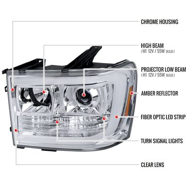 2007-2013 GMC Sierra 1500 1500HD 2500HD 3500HD LED C-Bar Headlights Chrome