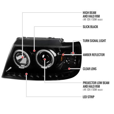 2002-2005 Ford Explorer Dual Halo Projector Headlights LED Light Strip Black