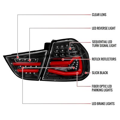 2009-2011 BMW E90 3-Series 4Dr Sedan Red LED Tail Light Jet Black/Clear Lens