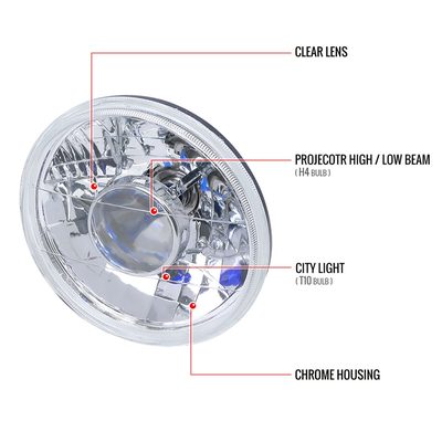 Universal 7" Round H4 Projector Headlights Chrome Housing/Clear Lens