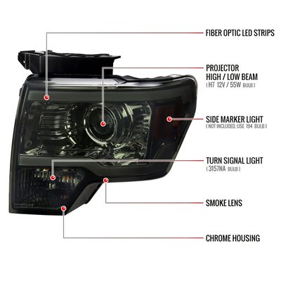 2009-2014 Ford F-150 LED Strip Projector Headlights Chrome/Smoke Lens