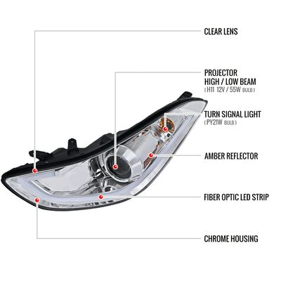 2011-2013 Hyundai Elantra LED Bar Projector Headlights Chrome/Clear Lens