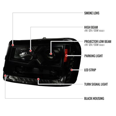 2002-2009 Chevy Trailblazer Projector Headlights w/LED Light Strip Black/Smoke