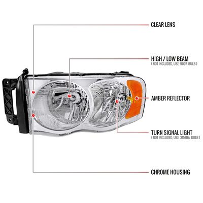 2002-2005 Dodge RAM 1500 2500 3500 Factory Headlights Chrome/Clear