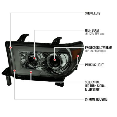 2007-2013 Toyota Tundra/ 08-2017 Sequoia LED CBar Projector Headlights Smoke