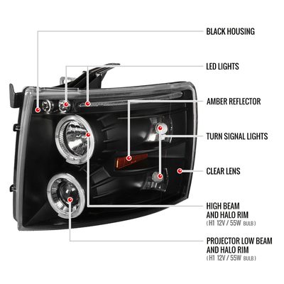 2007-2013 Chevy Silverado 1500 2500HD 3500HD Dual Halo Headlights Matte Black