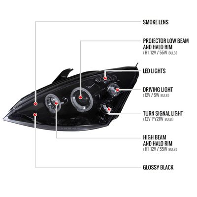 2000-2004 Ford Focus Dual Halo Projector Headlights Glossy Black/Smoke Lens