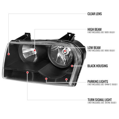 2005-2010 Chrysler 300 Factory Style Headlights Matte Black/Clear Lens
