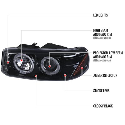 1999-2006 GMC Sierra/00-2006 Yukon/Yukon XL Dual Halo Projector Headlights Black