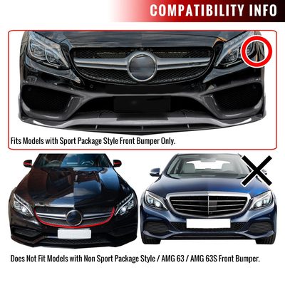 2015-2018 Mercedes Benz W205 C Class Glossy Black 3Pcs Bumper Lip Spoiler