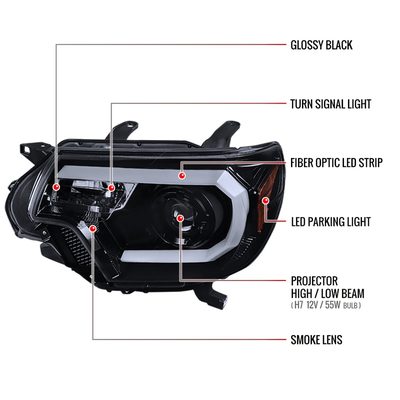 2012-2015 Toyota Tacoma LED C-Bar Projector Headlights Glossy Black/Smoke Lens