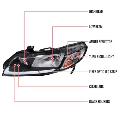 2006-2011 Honda Civic 4DR Sedan Factory Headlights LED Strip Matt Black/Clear