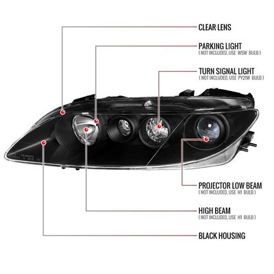 For Mazda 6 2003-2005 Factory Style Projector Headlights Matte Black Housing Clear Lens