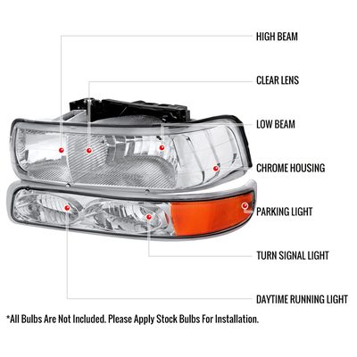 1999-2002 Chevy Silverado/Tahoe/Suburban Headlights Bumper Light Chrome