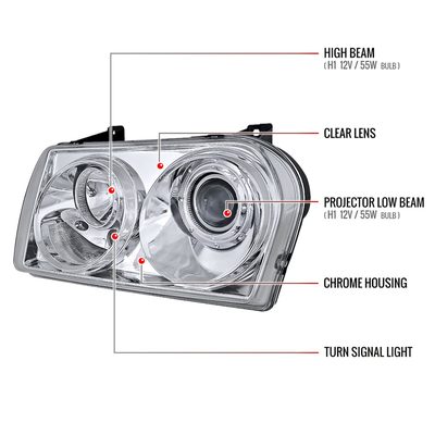 2005-2010 Chrysler 300 Base/LX/Touring Projector Headlights Chrome/Clear Lens