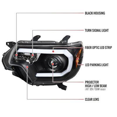 2012-2015 Toyota Tacoma LED C-Bar Projector Headlights Matte Black/Clear Lens