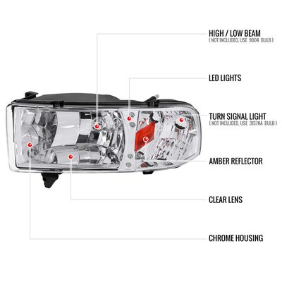 1994-2001 Dodge RAM 1500/ RAM 2500 3500 Crystal Headlights Chrome