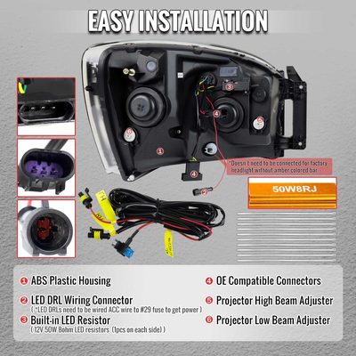 For Dodge RAM 1500 2006-08 / RAM 2500 3500 2006-09 Headlights LED Strip Turn Signal DRL Startup Animation Black Housing Smoked Lens