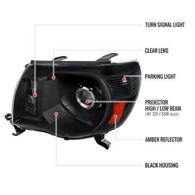 2005-2011 Toyota Tacoma Retro Style Projector Headlights Matte Black/Clear