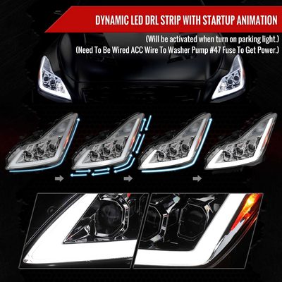 For Infiniti G37 2008-13 / Q60 Coupe 2014-15 LED Triple Projector Headlights Sequential Chrome Housing Clear Lens Switchback