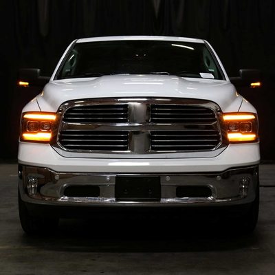 For Dodge RAM 1500 2009-18 / RAM Classic 2019-21 / 2500 3500 2010-18 Amber LED Bar Switchback Projector Headlights Matte Black Housing Clear Lens