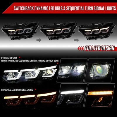 For Ford Mustang 2015-2017 Full LED Projector Headlights Sequential Start-Up Black Clear Lens