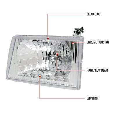 1992-2006 Ford Econoline Factory Headlights w/SMD LED Light Strip Chrome/Clear