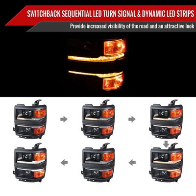 2014-2015 Chevy Silverado 1500 LED Bar Projector Headlights Black/Black Trim