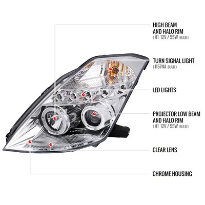 2003-2005 Nissan 350Z Dual Halo Projector Headlights Chrome/Clear Lens