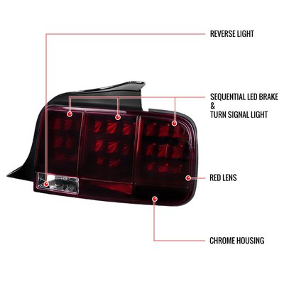 2005-2009 Ford Mustang Sequential LED Tail Lights Chrome Housing/Red Lens