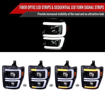 2008-2010 Ford F-250/350/450/550 LED Signal Bar Projector Headlights Jet Black