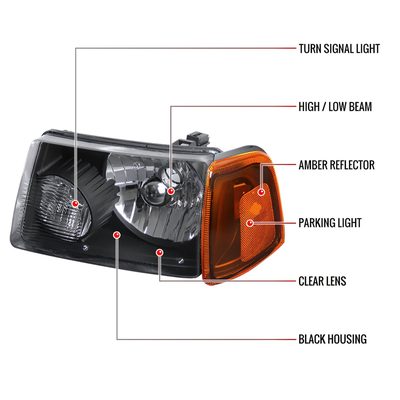 2001-2011 Ford Ranger Factory Headlights Amber Lens Corner Signal Lights Black