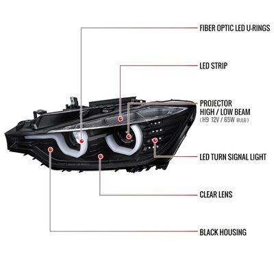 2012-2015 BMW F30 3 Series Sedan Dual U-Bar Headlights LED Signal Lights Black