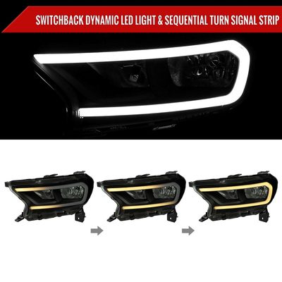 For Ford Ranger XL XLT 2019-2023 Factory Style Headlights LED Bar Turn Signal Glossy Black Housing Smoked Lens