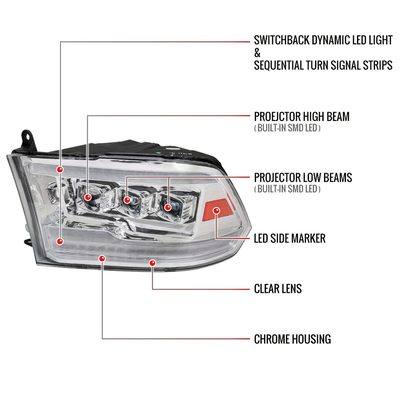 2009-2018 Dodge RAM 1500 / RAM 2500 3500 Full LED Switchback Headlights Chrome