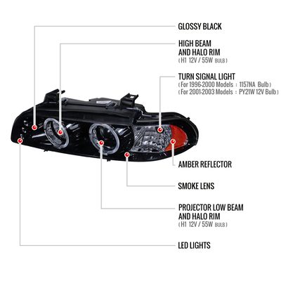 1996-2003 BMW E39 5 Series Dual Halo Projector Headlights Glossy Black/Smoke