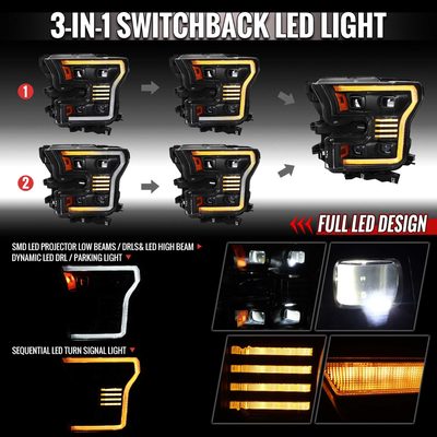 For Ford F-150 2015-2017 LED Headlights LED Turn Signals DRL Parking Light Strip Black Housing Clear Lens