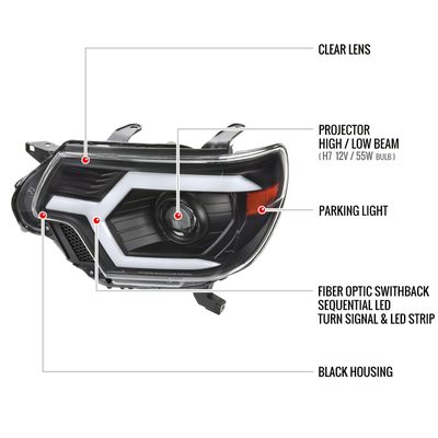 2012-2015 Toyota Tacoma Sequential LED Bar Projector Headlights Matt Black
