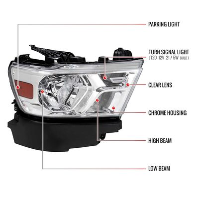 For Dodge RAM 1500 2019-2024 Factory Style Crystal Headlight Passenger Side Only Chrome Housing Clear Lens