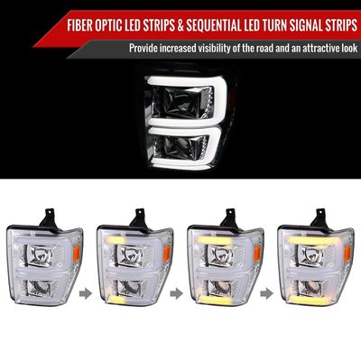 2008-2010 Ford F-250/350/450/550 LED Signal Bar Projector Headlights Chrome