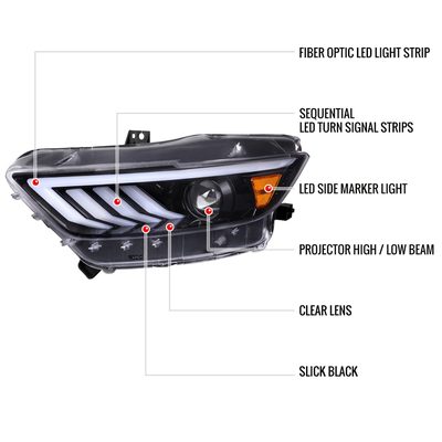 2015-2017 Ford Mustang HID-Type LED Signal Projector Headlights Jet Black