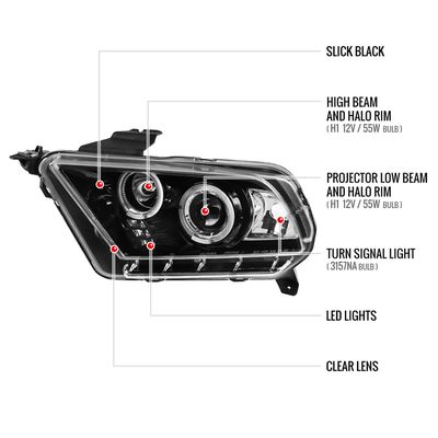 2010-2014 Ford Mustang Dual Halo Projector Headlights Jet Black/Clear Lens