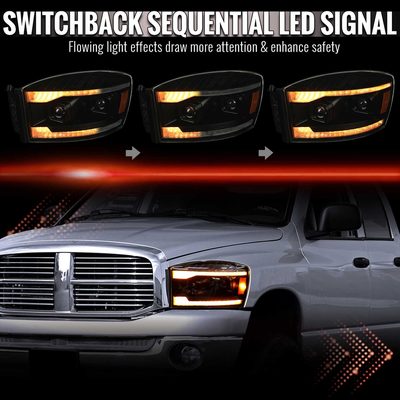 For Dodge RAM 1500 2006-08 / RAM 2500 3500 2006-09 Headlights Switchback Amber LED Strip Turn Signals DRL Black Housing Smoked Lens