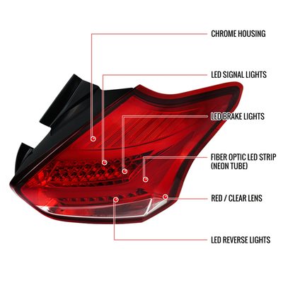 2015-2019 Ford Focus Hatchback LED Tail Lights Chrome Housing/Red Lens