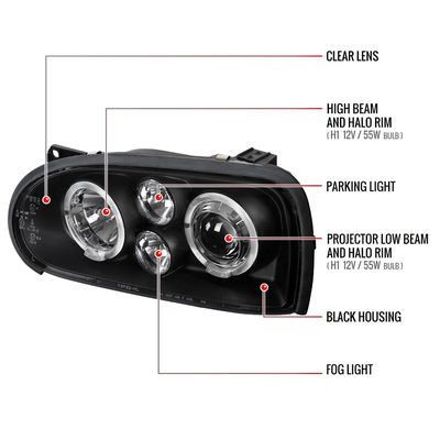 1993-1998 VW Golf Mk3/Cabrio Dual Halo Projector Headlights Matt Black/Clear