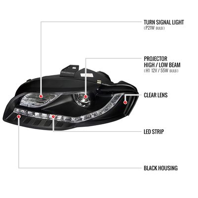 2006-2008 Audi A4 Projector Headlights R8 SMD LED Light Strip Matt Black/Clear