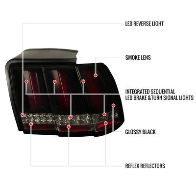 1999-2004 Ford Mustang Red Marker LED Tail Lights Glossy Black/Smoke