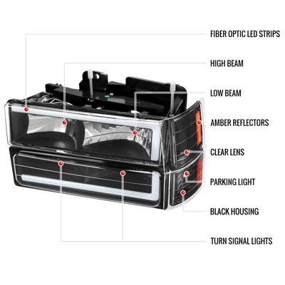 1994-1998 Chevy C10 C/K Tahoe Suburban LED Headlights &Corner Lights Black